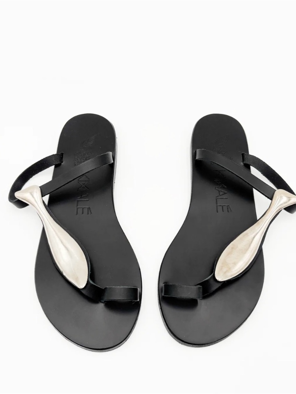 Ancient Greek Sandals Black Leather Sandals with Silver Fish Detail